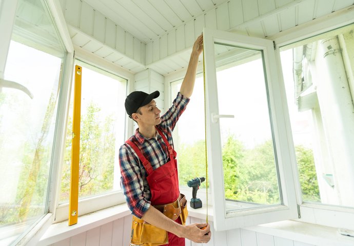 Contractor measuring window frame during installation