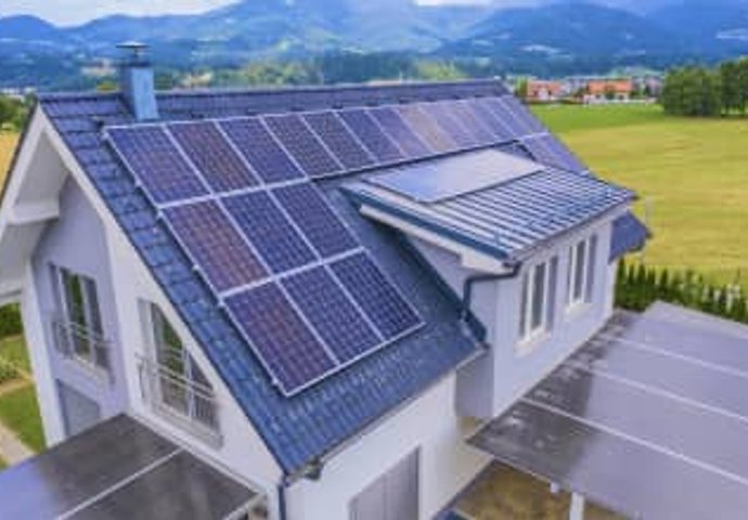 Aerial view of roof with solar panels